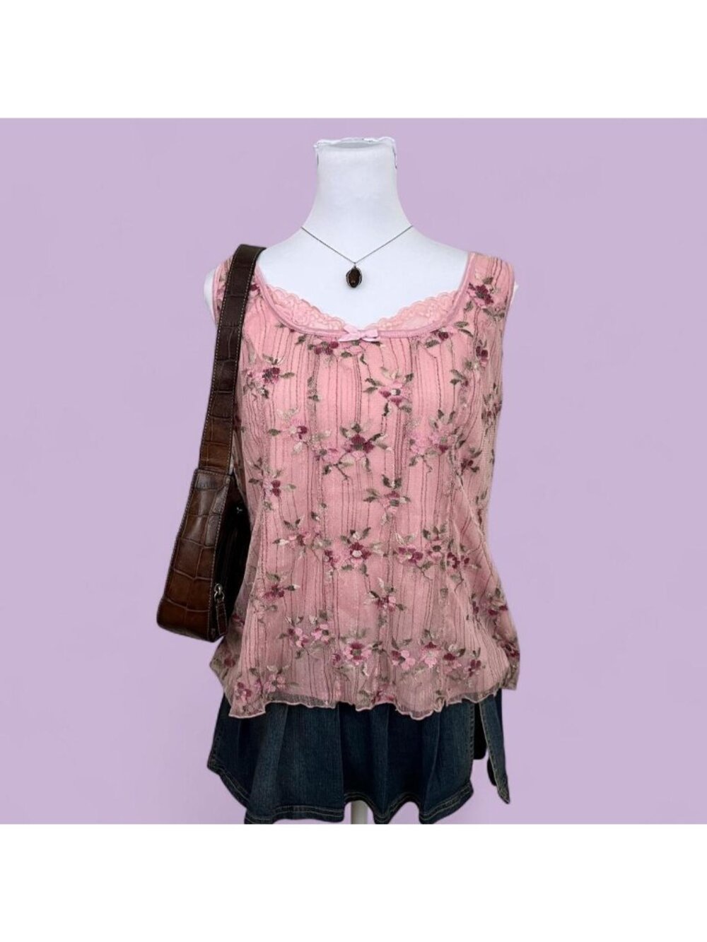 90s y2k pink floral plus size dainty coquette tank top - Picture 1 of 8